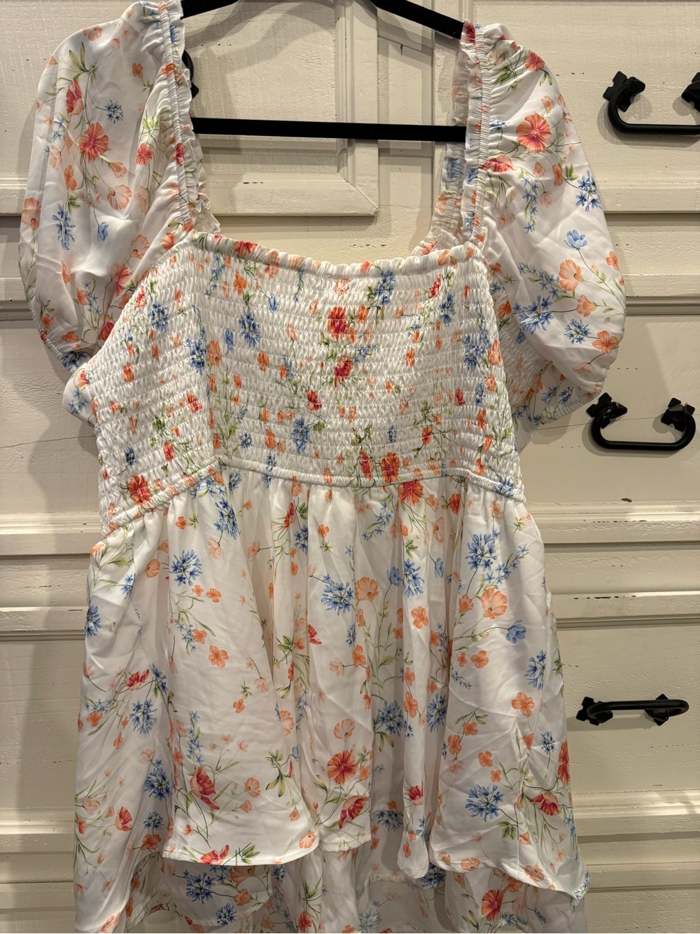 Women’s Floral Smocked Puff-Sleeve Romper - White with Pastel Flowers